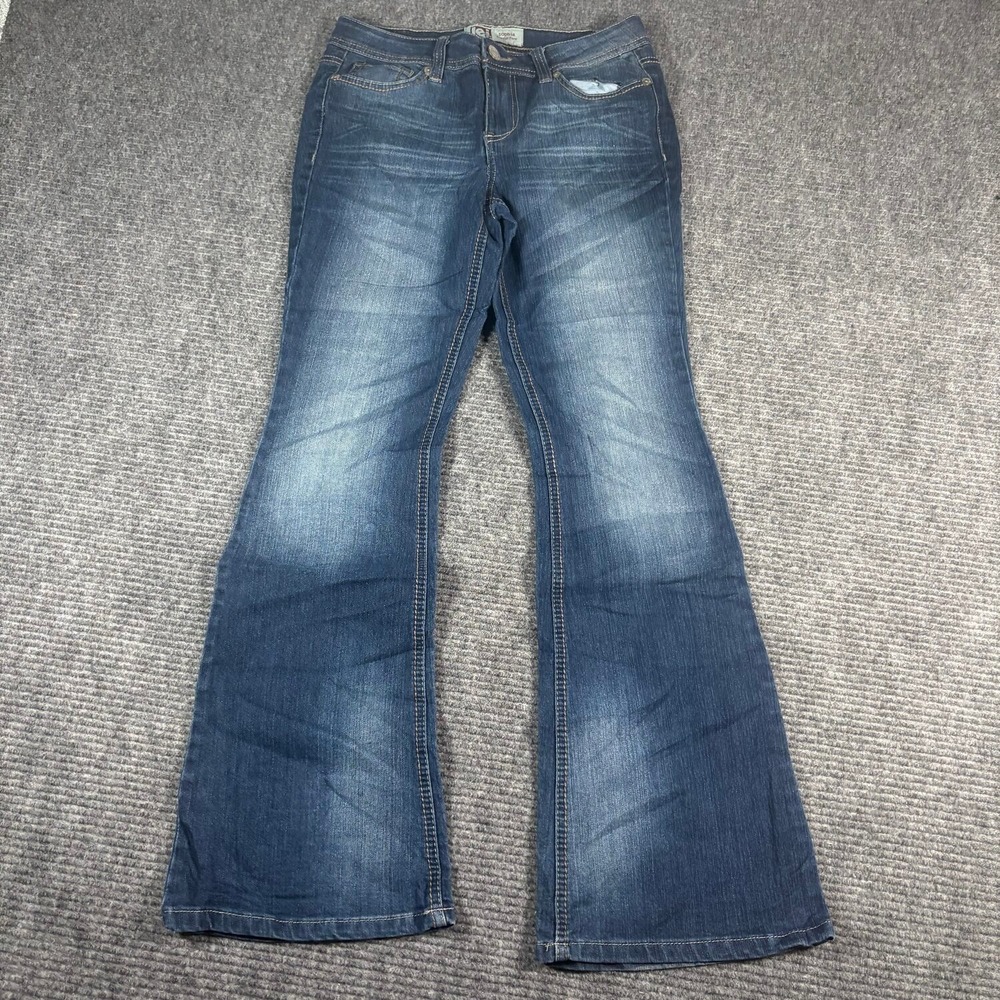 l.e.i. Sophia Hipster Flare Jeans Womens 7 Blue Excellent Low Rise Denim